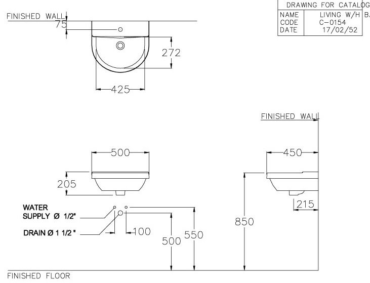 Bản vẽ kích thước chậu lavabo treo tường Cotto C 01547   