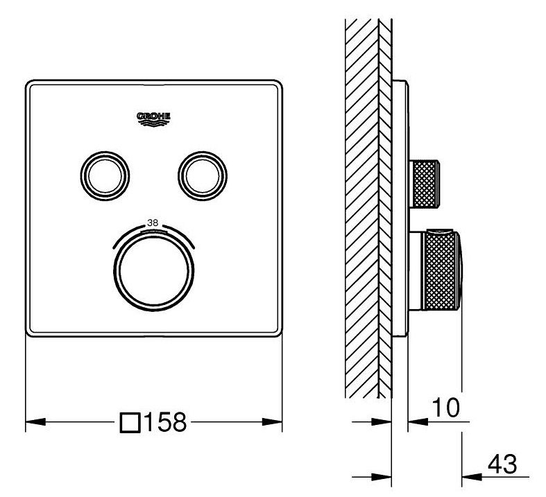 Bản vẽ kỹ thuật mặt bộ trộn âm ổn nhiệt Grohe 29120000 Smart Control
