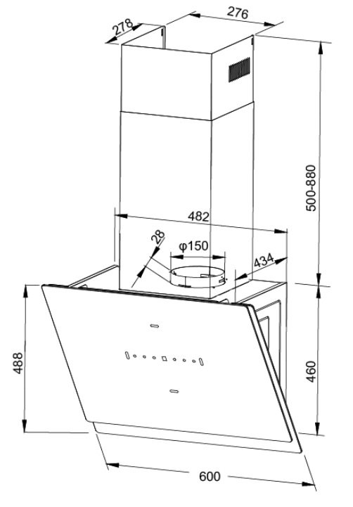 Bản vẽ kỹ thuật máy hút mùi áp tường MC 60GTC Malloca