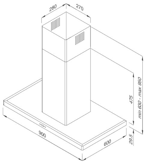 Bản vẽ kỹ thuật máy hút mùi treo độc lập SLIM K-4250 Malloca