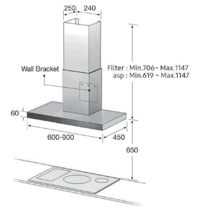 Bản vẽ kích thước máy hút mùi gắn tường Samsung NK24M5070BS UR 