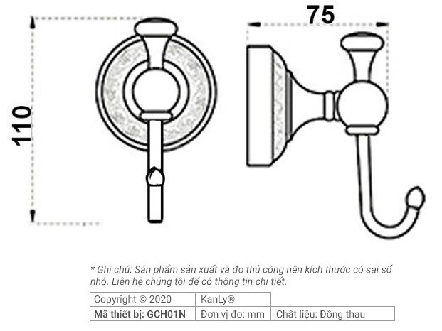 Bản vẽ kích thước móc quần áo Kanly GCH01N