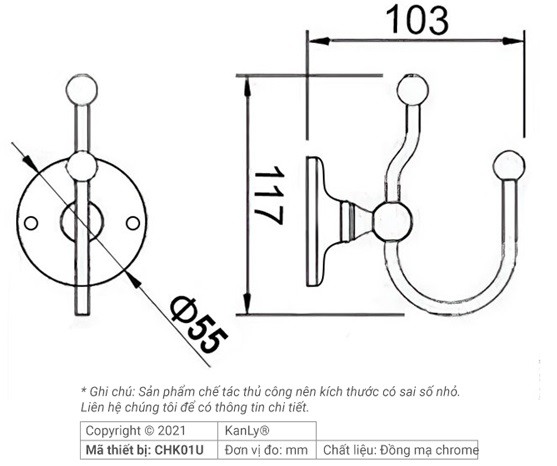 Bản vẽ kỹ thuật móc quần áo Kanly CHK01U