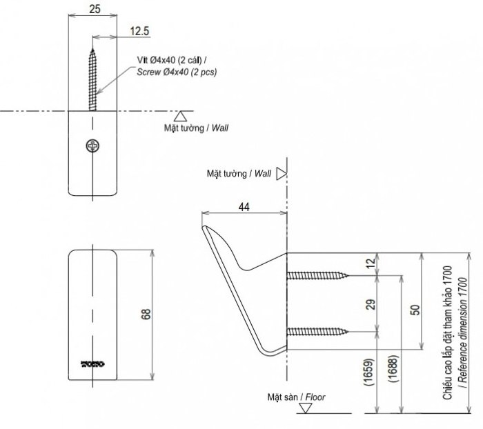 Bản vẽ móc áo đơn YRH902VV1-PFG TOTO