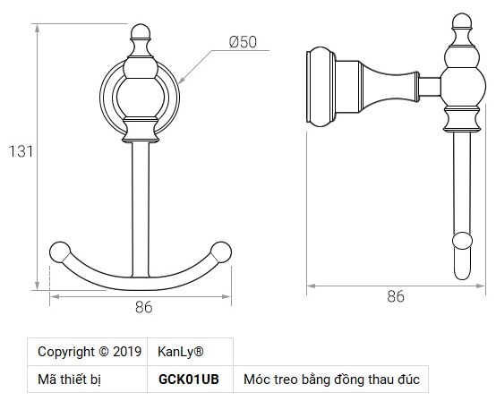 Bản vẽ kỹ thuật móc treo kanly GCK01UB màu đen