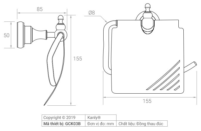 Bản vẽ kích thước móc treo giấy Kanly GCK03B cổ điển