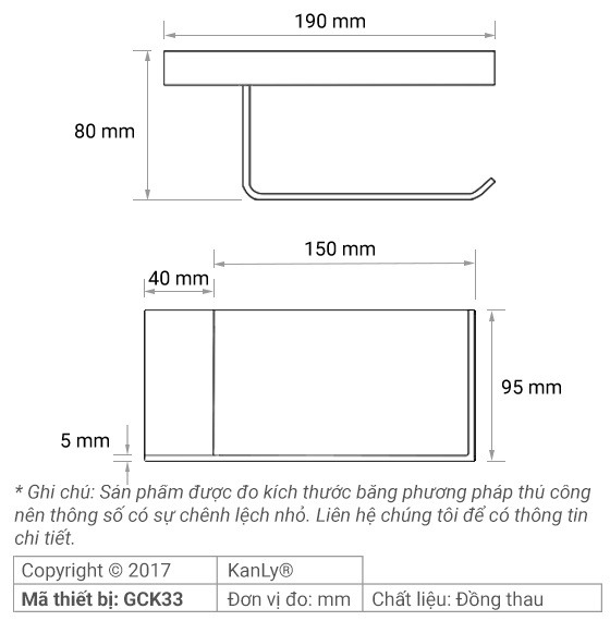 Bản vẽ kích thước móc treo giấy Kanly GCK033 đa năng