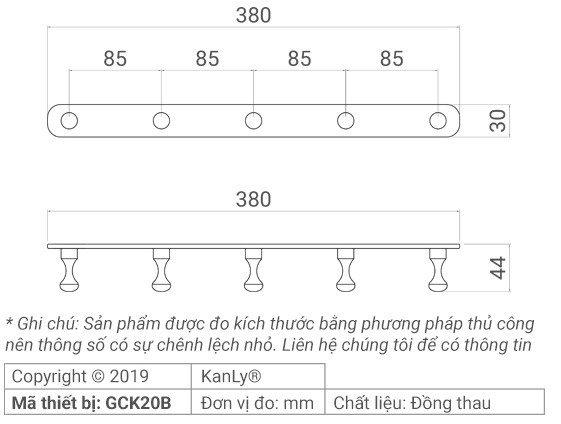 Bản vẽ kích thước móc treo áo Kanly GCK20B 5 móc