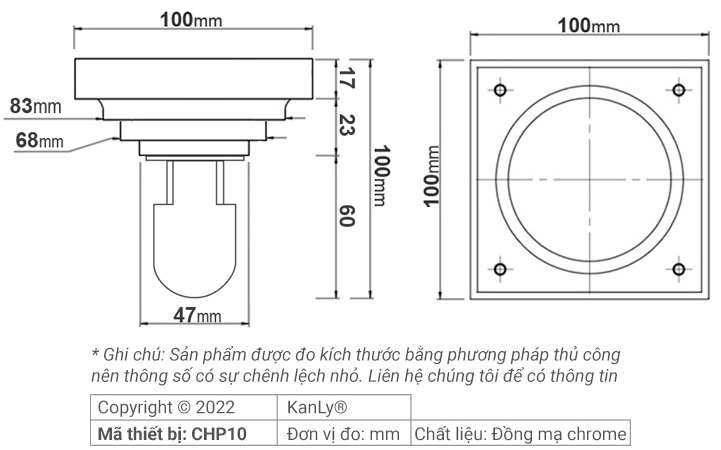 Bản vẽ kỹ thuật phễu thoát sàn Kanly CHP10