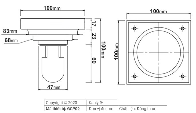 Bản vẽ kỹ thuật phễu thoát sàn Kanly GCP09