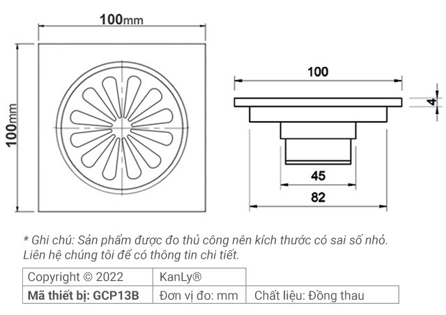 Bản vẽ kỹ thuật phễu thoát sàn Kanly GCP13B màu đen