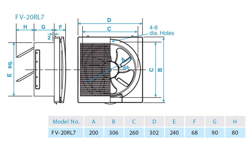 Bản vẽ kỹ thuật quạt hút dân dụng FV-20RL7 Panasonic