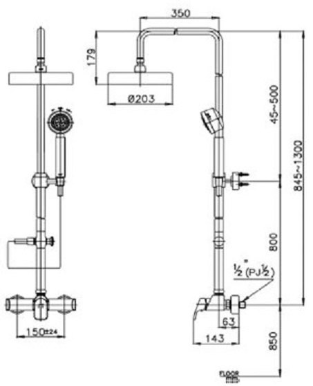 Bản vẽ kích thước sen cây CT 2035 WS cotto
