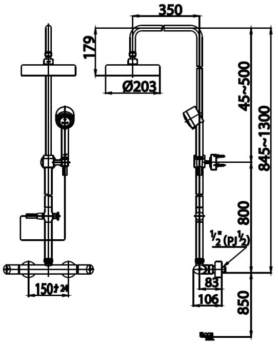 Bản vẽ kích thước sen cây CT2048WS Cotto