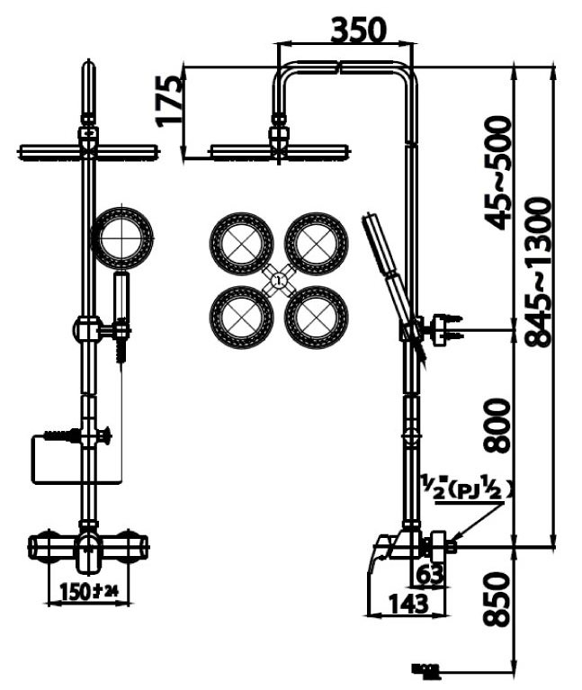 Bản vẽ kích thước sen tắm nóng lạnh CT 2072W cotto 