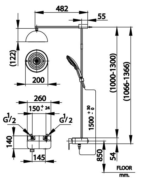 Bản vẽ kích thước sen cây nóng lạnh CT 2242 W cotto