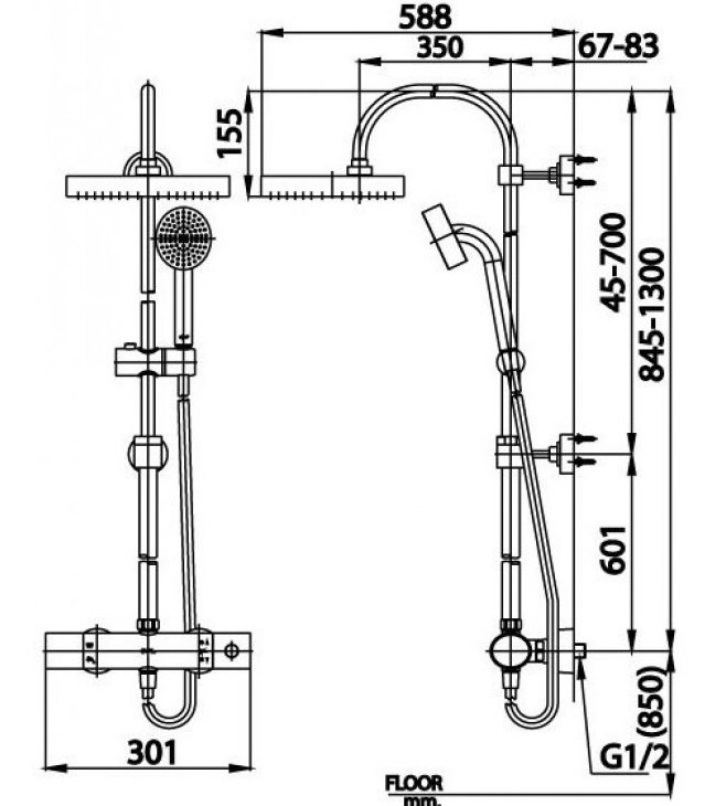Bản vẽ kích thước sen cây nhiệt độ CT 3014 ZH016 Cotto