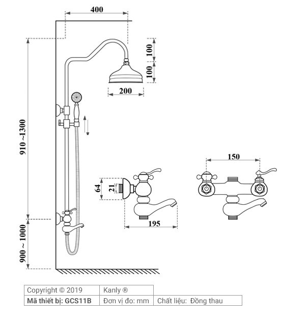 Bản vẽ kích thước sen cây Kanly GCS11B đồng thau