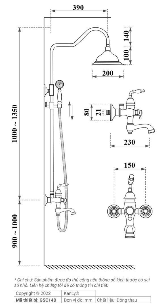Bản vẽ kích thước sen cây Kanly GCS14B đồng thau