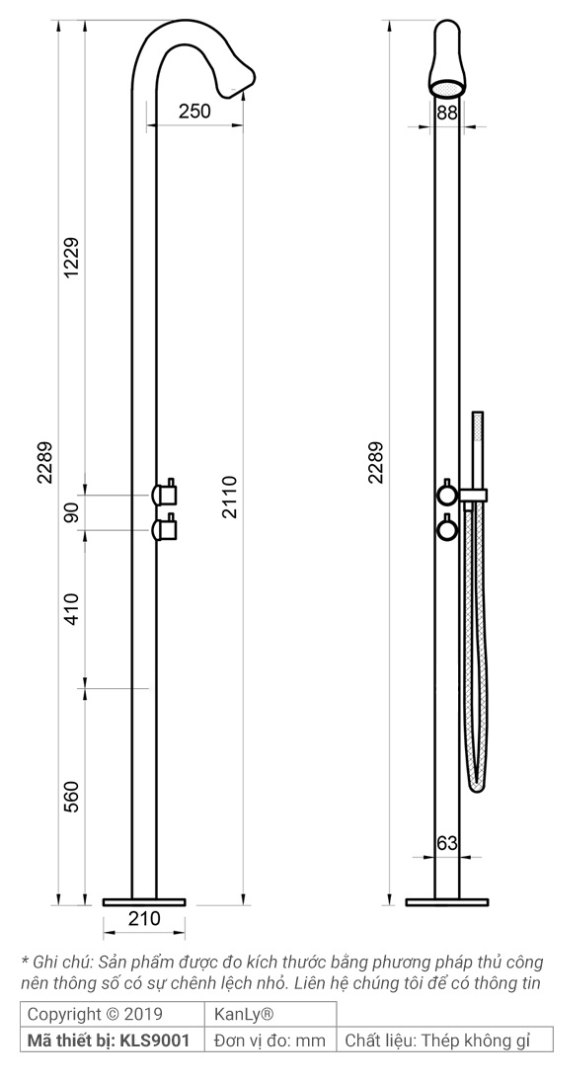 Bản vẽ kỹ thuật sen cây tắm đứng Kanly KLS9001 đặt sàn