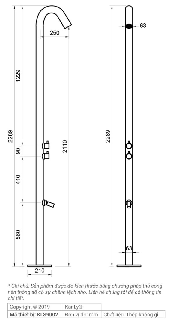 Bản vẽ kích thước vòi tắm đứng Kanly KLS9002