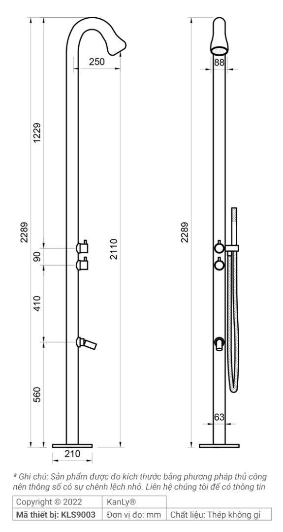 Bản vẽ kỹ thuật sen cây tắm đứng Kanly KLS9003 đặt sàn