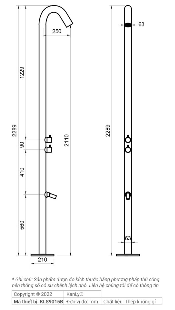 Bản vẽ kích thước sen cây tắm đứng Kanly KLS9015B gắn bể bơi