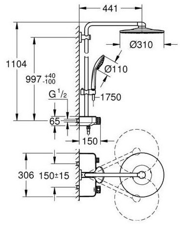 Bản vẽ kỹ thuật sen cây EUPH SmartCtrl 310 THM 26507GL0 Grohe