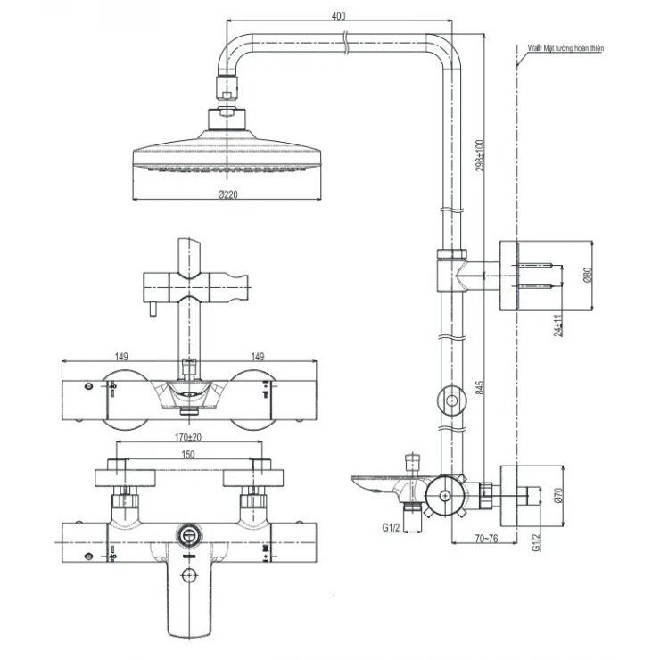 Bản vẽ sen cây liền khối TOTO TBW 01402AA MBL gắn tường