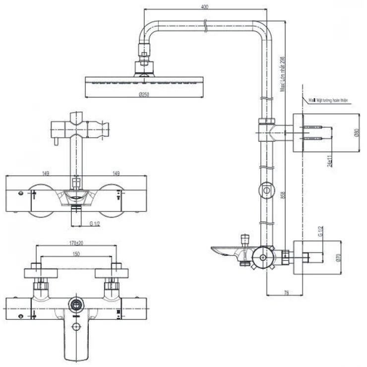 Bản vẽ kích thước sen cây liền khối TOTO TBW 07403A MBL 250mm
