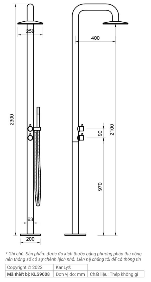 Bản vẽ kỹ thuật sen cây tắm đứng Kanly KLS9008 đặt sàn