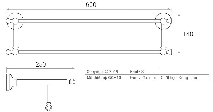 Bản vẽ kỹ thuật thanh vắt khăn Kanly GCH13