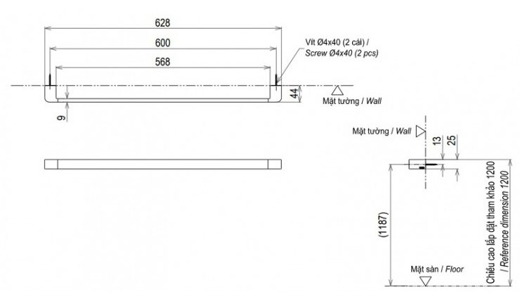 Bản vẽ thanh vắt khăn TOTO YT902S6VV1-PFG