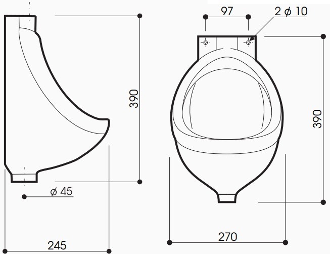 Bản vẽ kích thước tiểu nam UT 01 treo tường