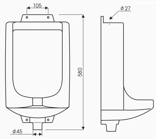Bản vẽ kích thước tiểu nam UT 15 treo tường