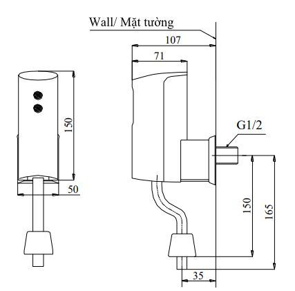 Bản vẽ kích thước van xả tiểu Toto DUE110 PSK