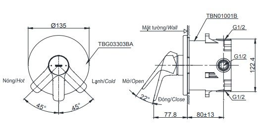 Bản vẽ kích thước van âm tường Toto TBG03303B+TBN01001B