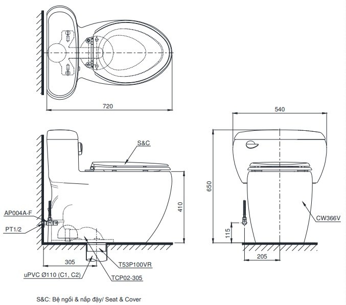 Bản vẽ kích thước bồn cầu MS366 TOTO nắp điện tử TCF23410AAA
