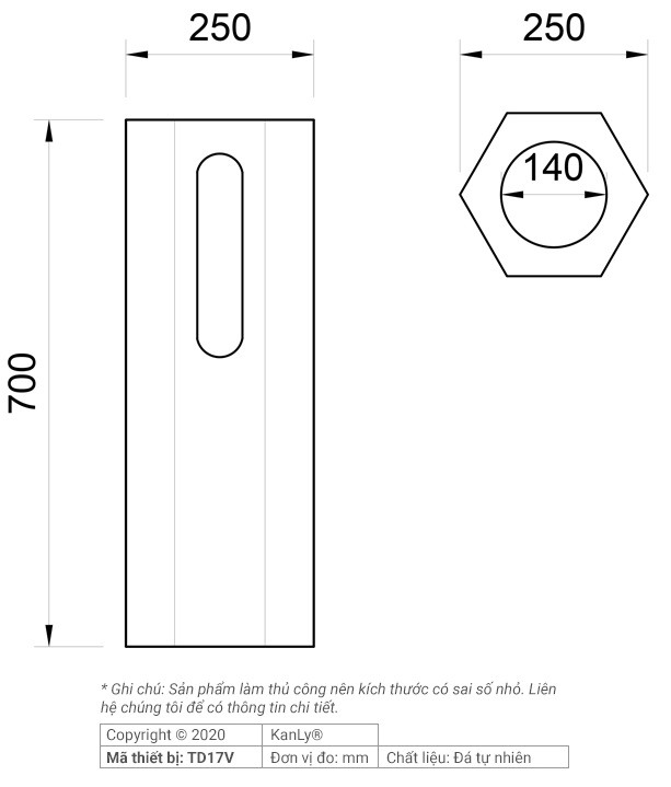 Bản vẽ trụ đế đặt chậu lavabo Kanly TD 17V