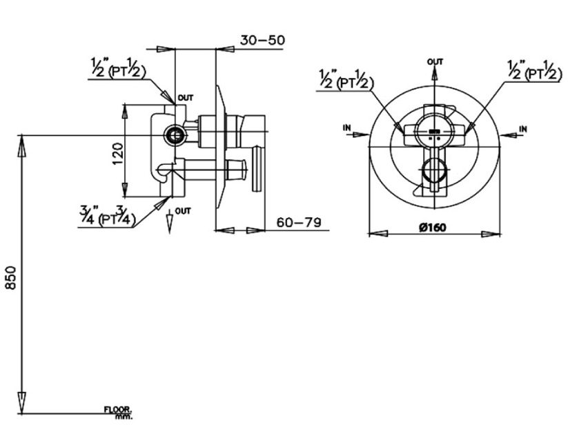 Bản vẽ kích thước van âm tường ct 593 av Cotto