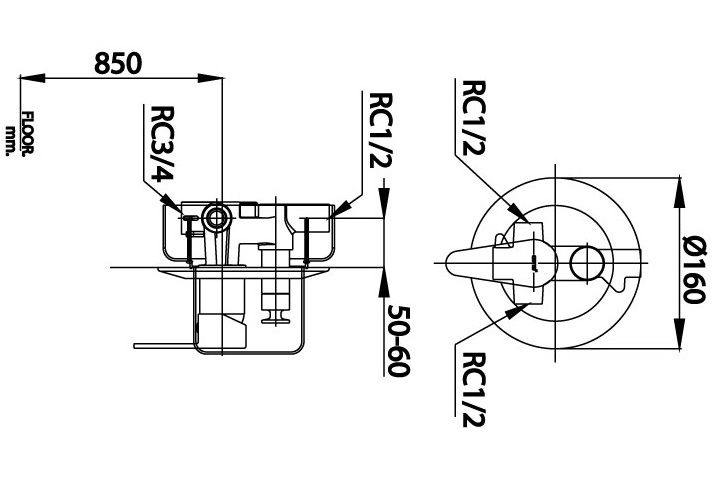 Bản vẽ kích thước van âm tường nóng lạnh ct 3005 aev Cotto
