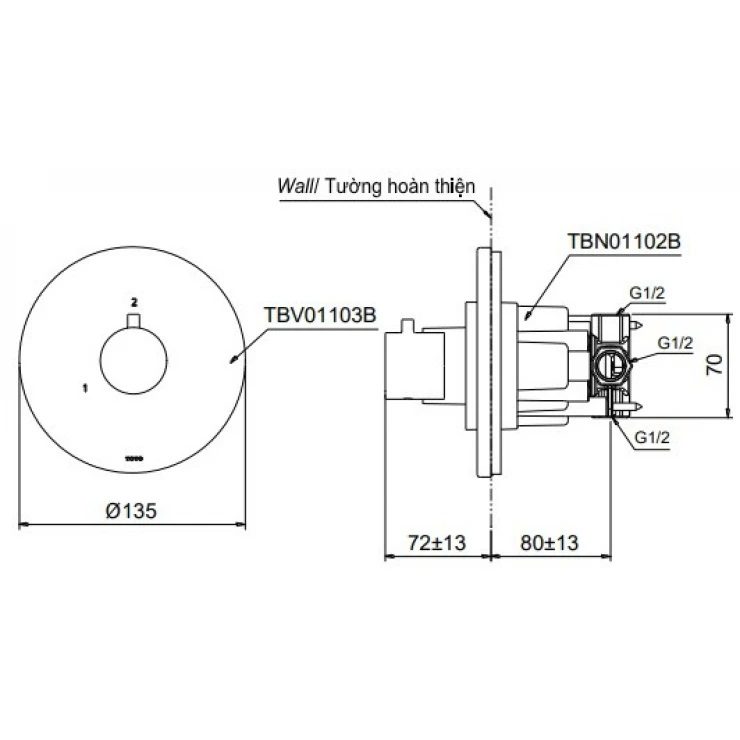 Bản vẽ van chuyển hướng TOTO TBV 01103BA MBL