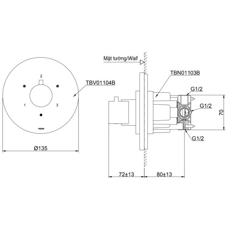Bản vẽ van TOTO TBV01104BA MBL lắp âm tường