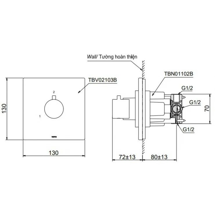 Bản vẽ van TBV 02103BA MBL chuyển hướng TOTO âm tường