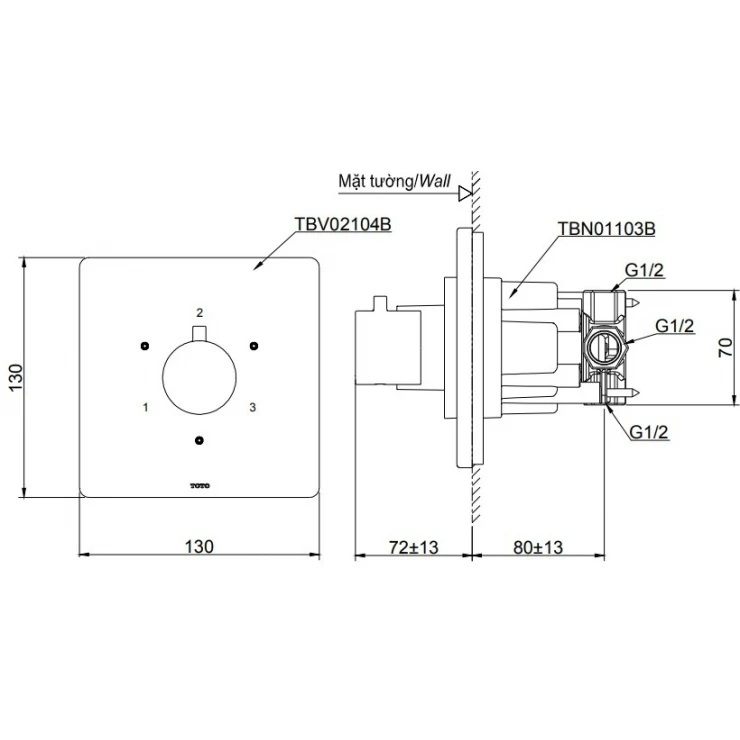 Bản vẽ van TOTO TBV 02104BA MBL chuyển hướng 3 đường nước