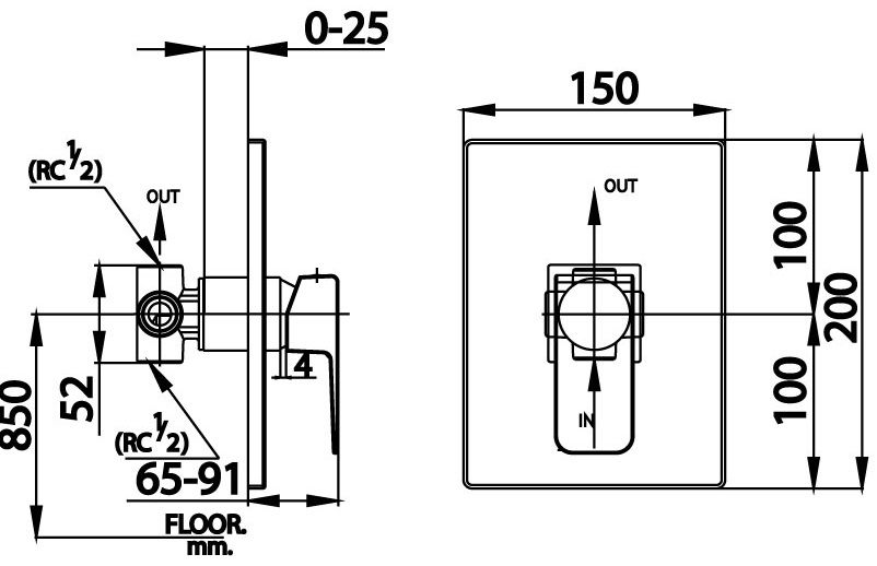 Bản vẽ kích thước van điều chỉnh âm tường ct 1174a  Cotto lạnh 
