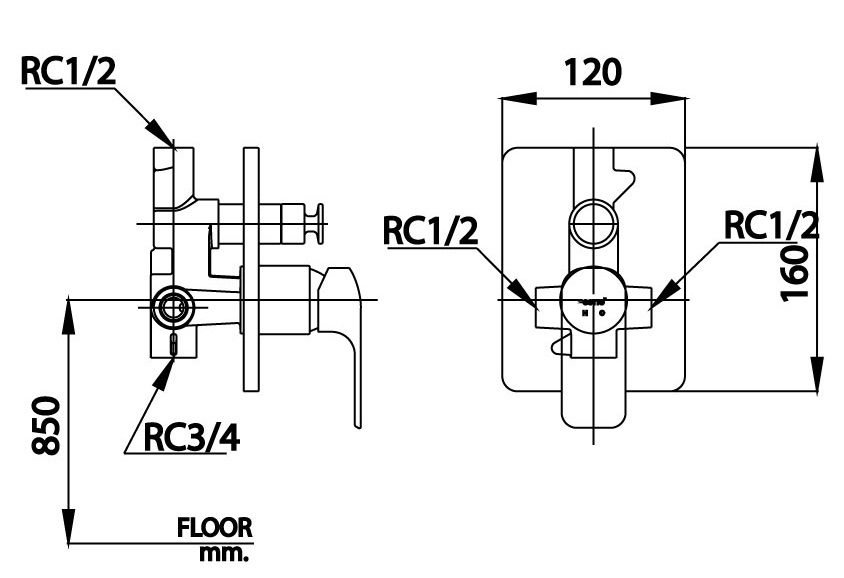 Bản vẽ kích thước van âm tường CT 2145A BL  Cotto nóng lạnh 