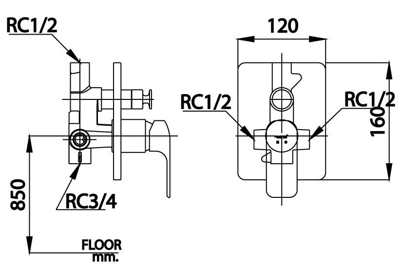 Bản vẽ kích thước van âm tường ct 2145a gr Cotto nóng lạnh