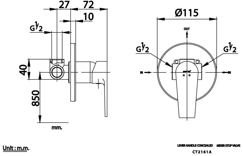 Bản vẽ kích thước van âm tường CT 2161A 1 đường nước 
