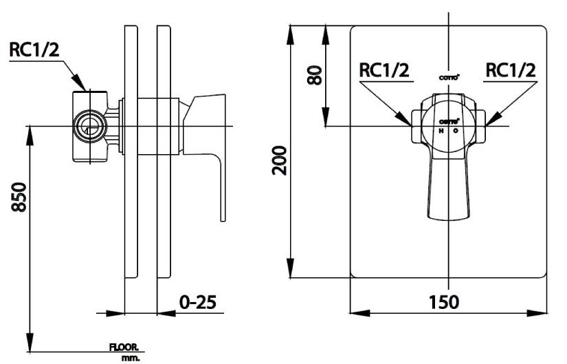 Bản vẽ van điều chỉnh âm tường CT 2204A  Cotto nóng lạnh 